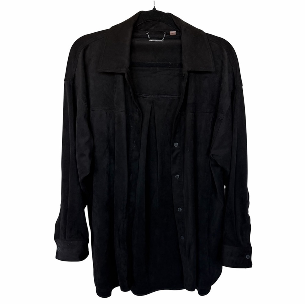 Elie Tahari Black Button Down Suede like long sleeve Shirt size L
